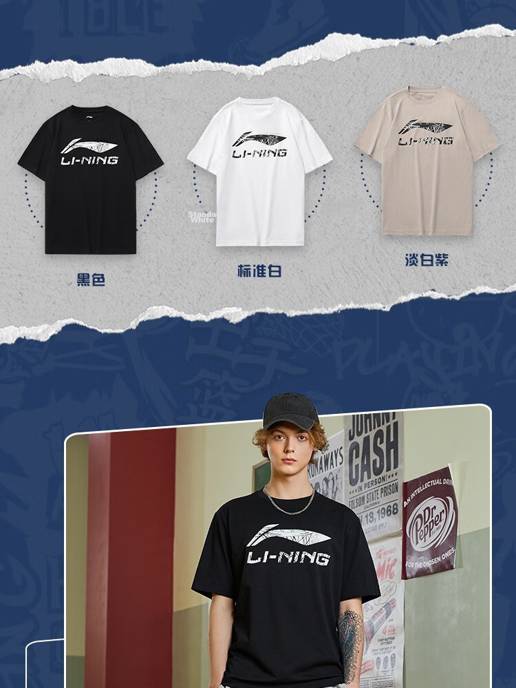 LI-NING Men's Short Sleeve T-Shirt Summer Skin-Friendly Comfortable Breathable Crew Neck Casual Fashion Loose Sports Top 1