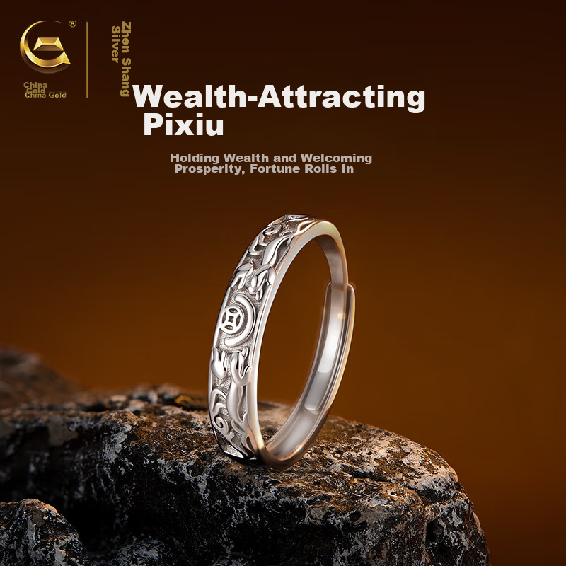 Zhenshang Silver China Gold Wealth Pixiu Ring Men's Silver Ring Adjustable Men's Birthday Gift for Boyfriend Husband S925