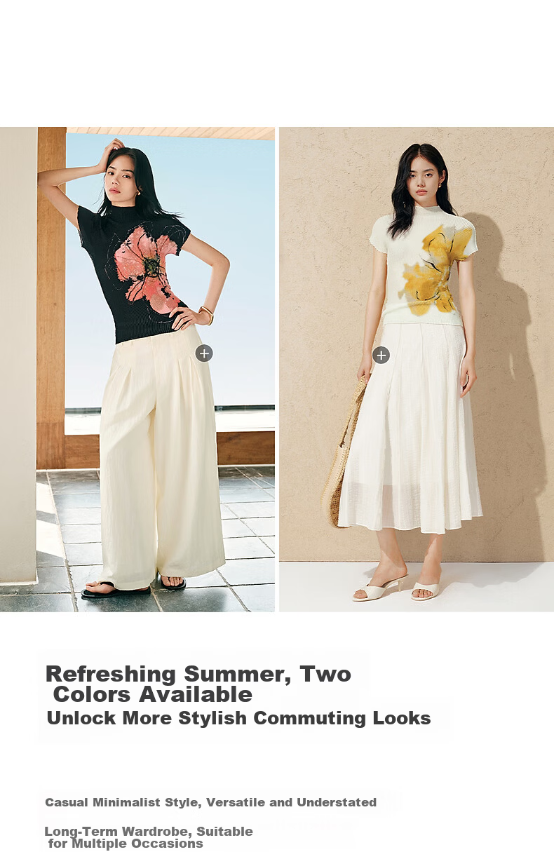 Peacebird Women's T-Shirt Miyake Style Pleated Soma Flower Short Sleeve Summer Elegant Half High Neck Slim Fit Top Black L 9