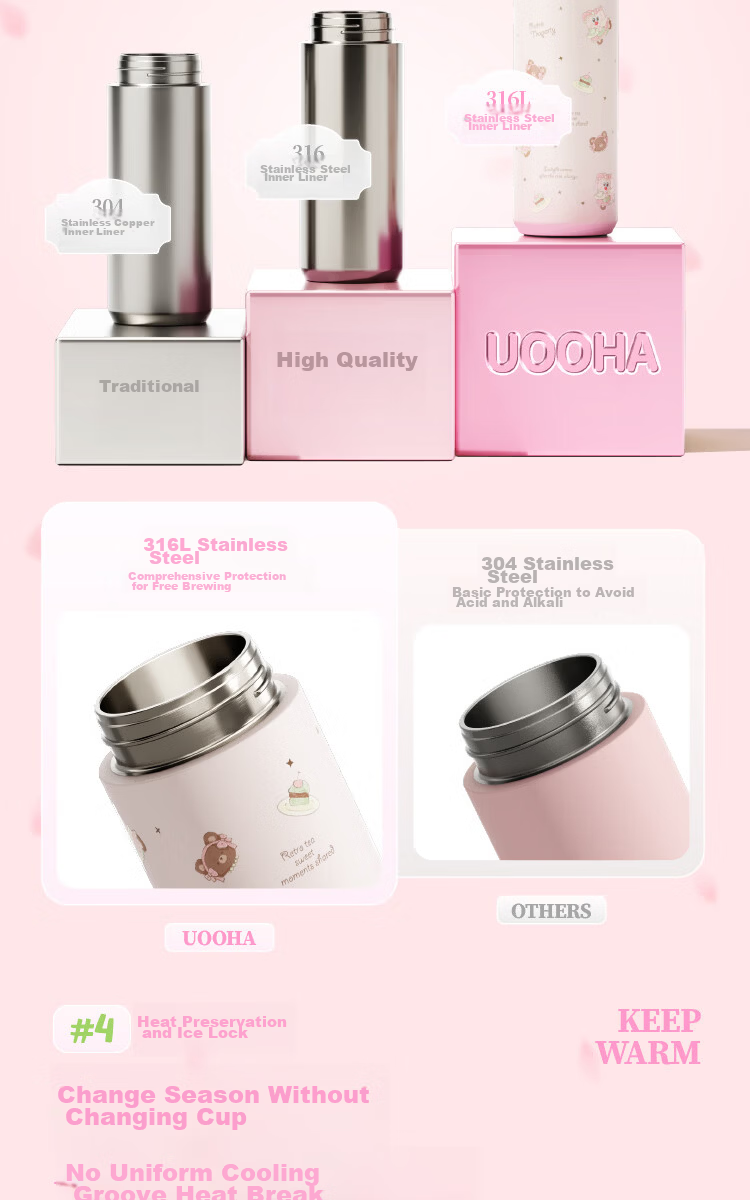 UOOHA Huayan Tea Language Flower Tea Cup Insulated 316L Stainless Steel Tea Infuser Large Capacity Water Bottle 8