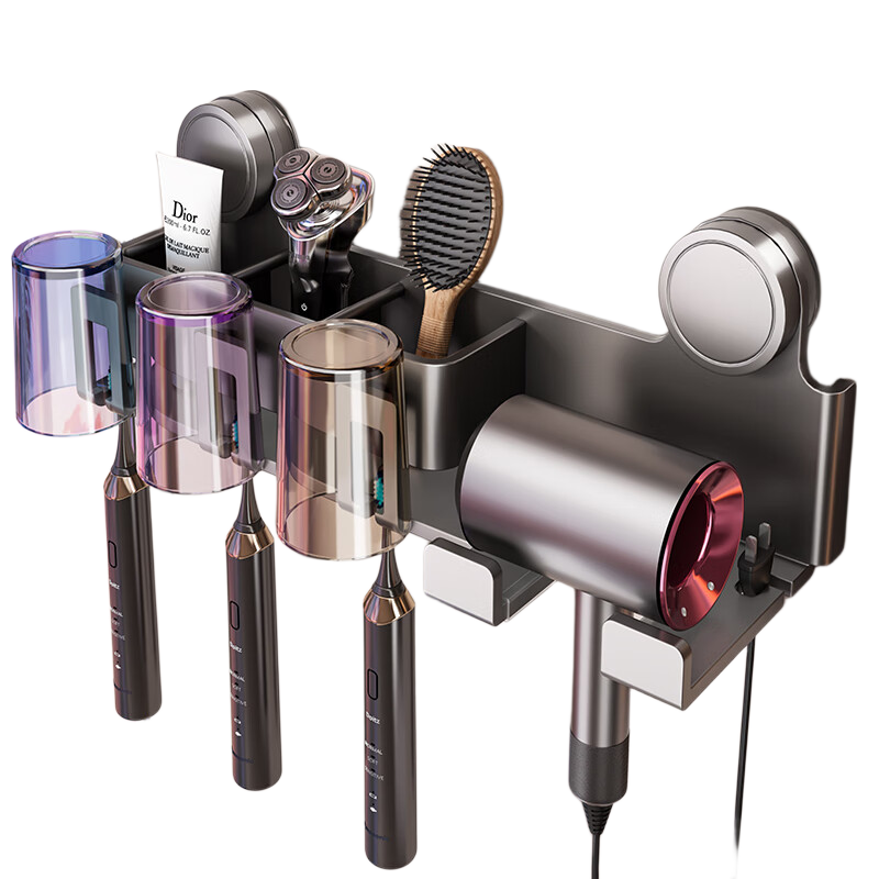 Baihan Toothbrush Holder, Mouthwash Cup, Wall-Mounted, No Drilling Required, Suction Cups, Carbon Steel Powder-Coated, Bathroom Storage Rack, Toothbrush Cup Holder, ABS