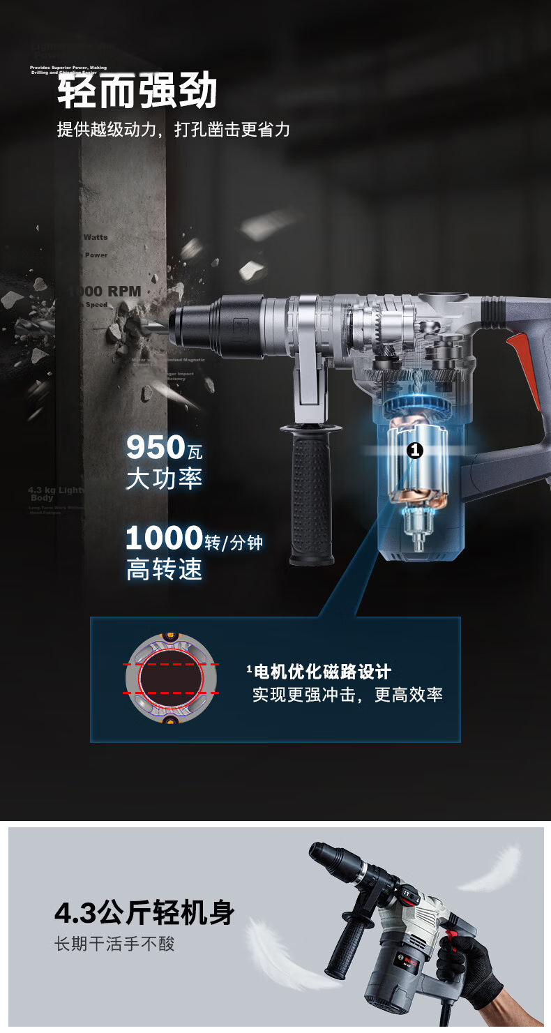 BOSCH 950W Rotary Hammer Drill BH426 with Safety Clutch Concrete Drill and Chisel Combo 2