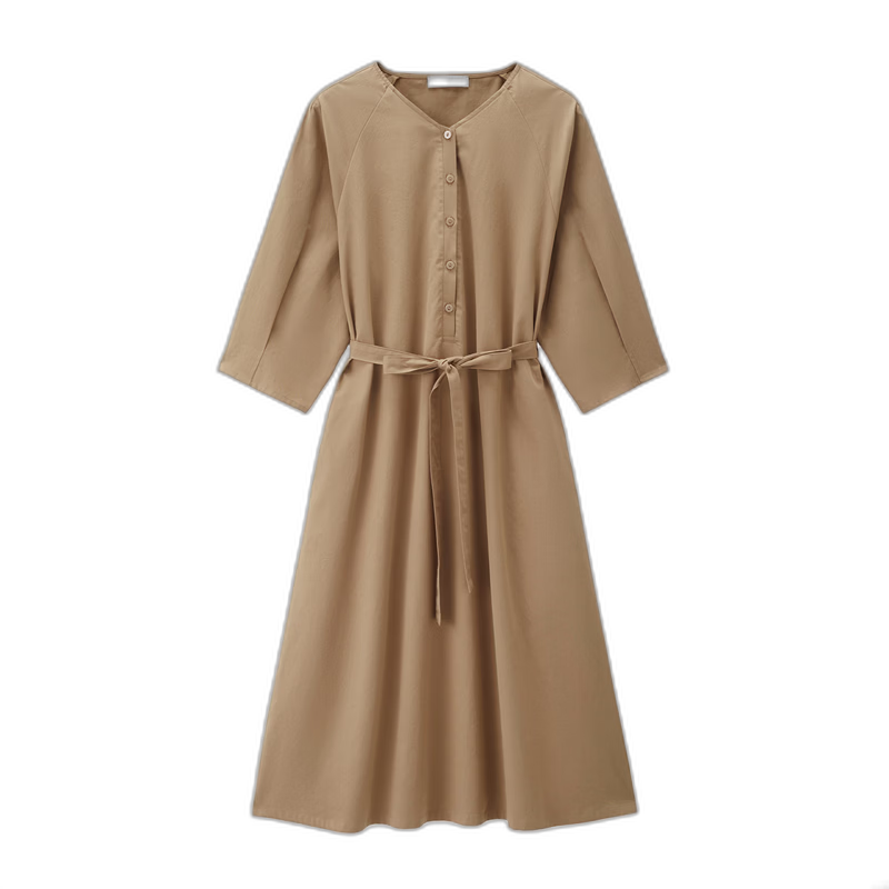 Giordano Women's New Pure Cotton Commuter Tie-Waist V-Neck Raglan Three-Quarter Sleeve Dress 13466235