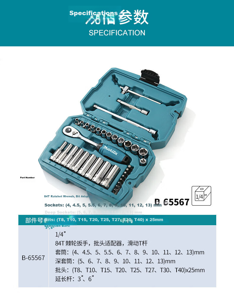 MAKITA 21-Piece Multi-Function Auto Repair 1/4" Mini Ratchet Socket Wrench Set B-54081 4