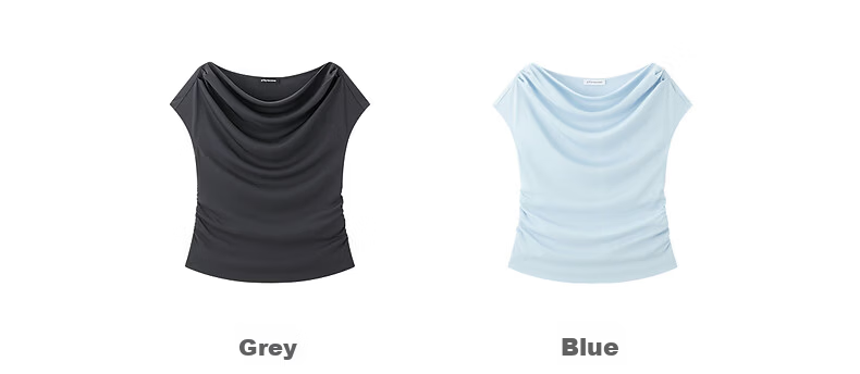 Peacebird Women's T-Shirt Elegant Texture Short Sleeve Summer Off-Shoulder Asymmetric Neck Dual-Wear Waist-Cinching Top Gray S 3
