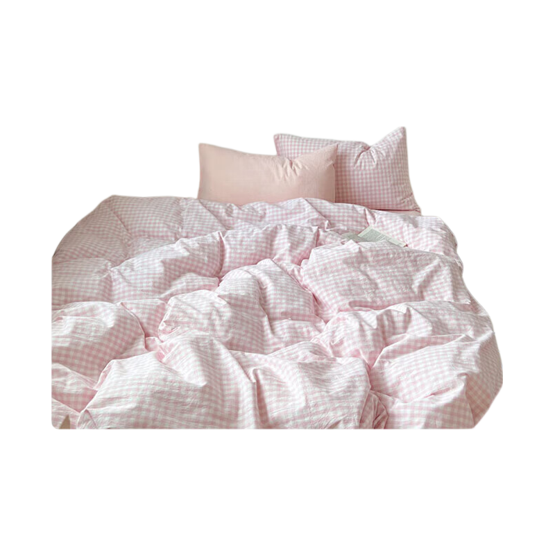 Grace Class A 7A Antibacterial Bedding Set, 100% Pure Cotton Xinjiang Cotton Bedding, for 1.5/1.8 Meter Bed, Cherry Blossom Pink Plaid
