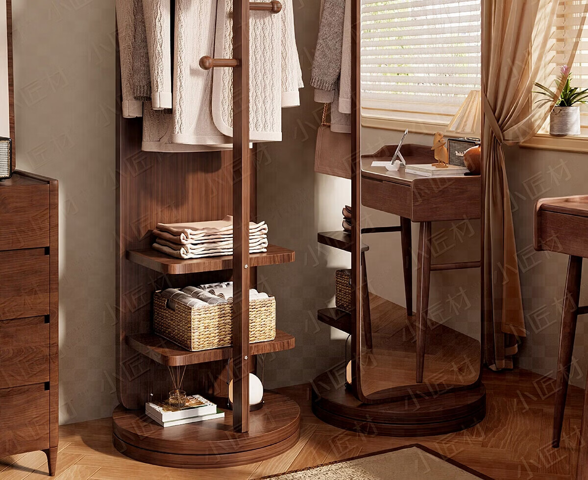 Xiaojiangcai Full-Length Rotating Dressing Mirror with Coat Rack, Movable Bedroom Wardrobe Mirror, 170cm Walnut 2