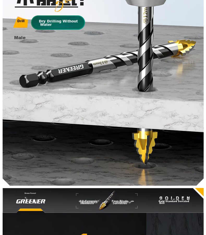 GREENER Gold Standard Serrated Core Drill Bit Set for Tile and Concrete, Ultra-Hard Electric Drill Bits, High Hardness, Sizes 6/8/10/12mm 5
