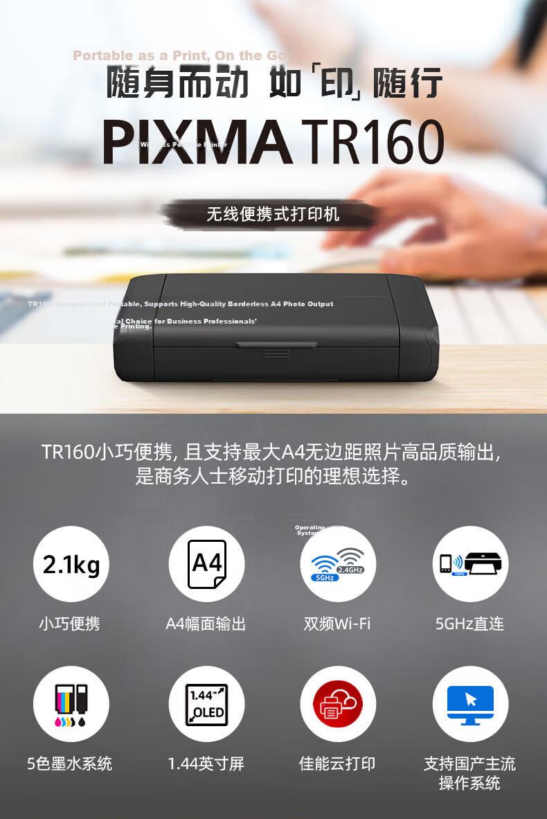 Canon TR160A4 Color Inkjet Portable Business Printer (Includes Standard Accessories + 500 Sheets Copy Paper) 1