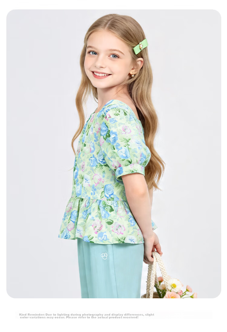 Disney Girls' Short Sleeve T-Shirt Set Summer Floral Cotton Top Two-Piece Light Blue 110 20