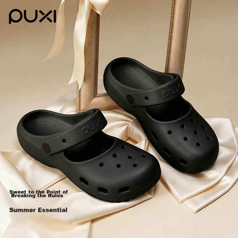 Puxi Women's Summer Wearable Open-Toe Slippers Sweet Style Pearl Black Size 37-38