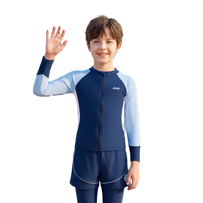 JEEP Boys' Swimwear Split Long Sleeve and Long Pants Sun Protection Thermal Swimwear Training Suit Deep Sea Blue Size 120