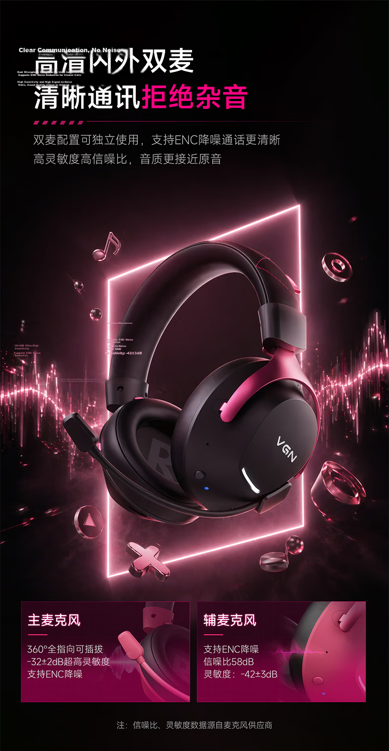 VGN Sea Demon V2 JD Exclusive Over-Ear Gaming Headset Bluetooth 2.4G Esports FPS Sound Positioning Sea Demon V2 Pro Max Black Red 8