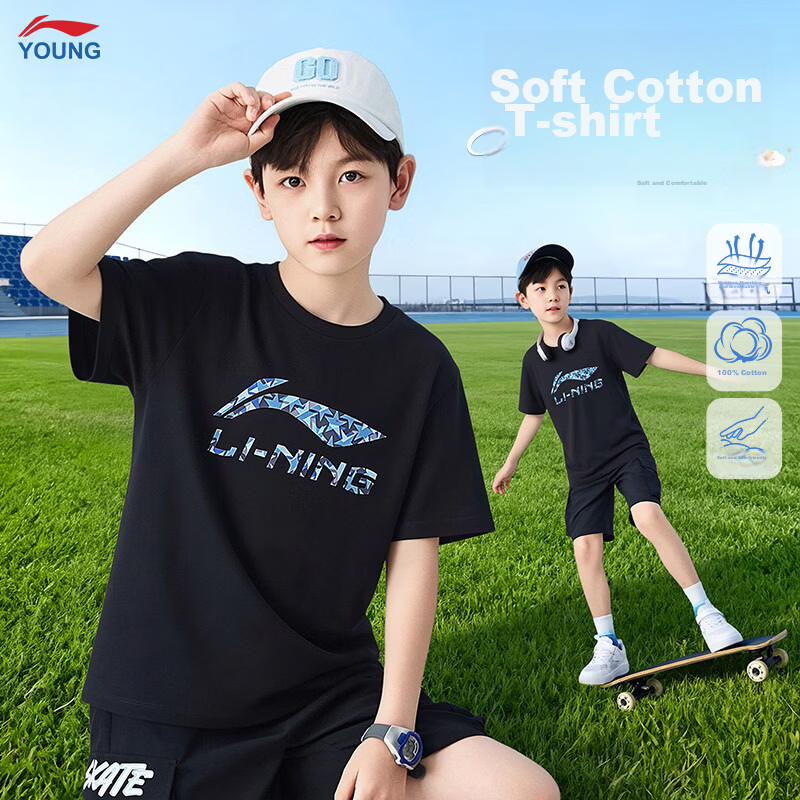 LI-NING Kids Short Sleeve T-Shirt Summer New Cotton Breathable Round Neck Tee for Boys and Girls