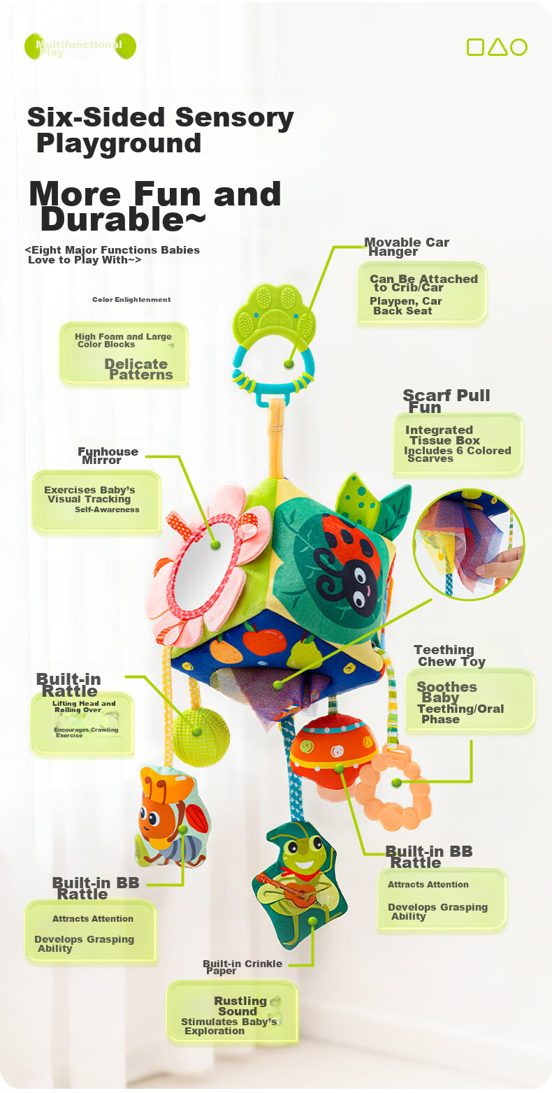 Jollybaby Baby Toy Pull-and-Play Car Hanging Sensory Development Educational Crib Rattle - Farm Triangle Pull-and-Play 5