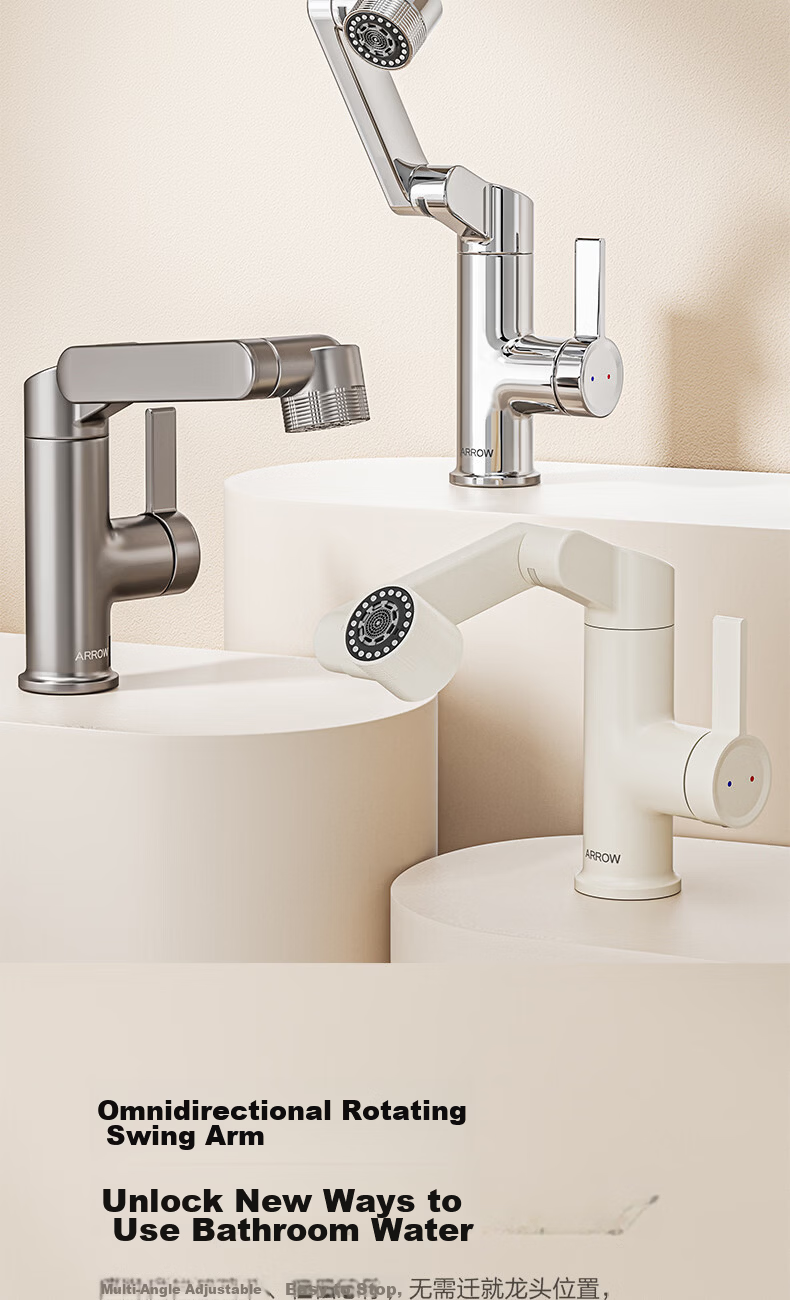 ARROW Off-White Basin Faucet Zinc Alloy Swivel Mechanical Arm Bathroom Hot and Cold Washbasin Tap 4