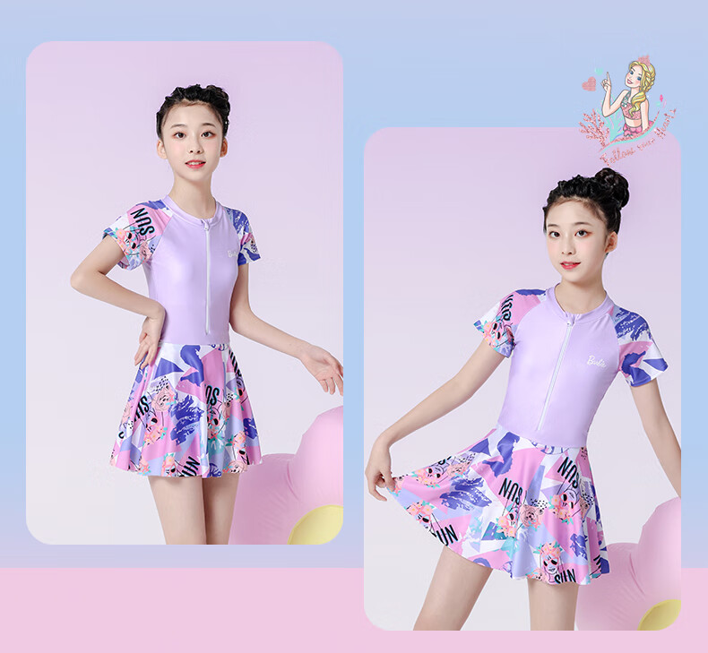 Barbie Girls' One-Piece Swimsuit Dress for Older Children, Stylish Swimsuit for Young Girls And Middle School Students 13