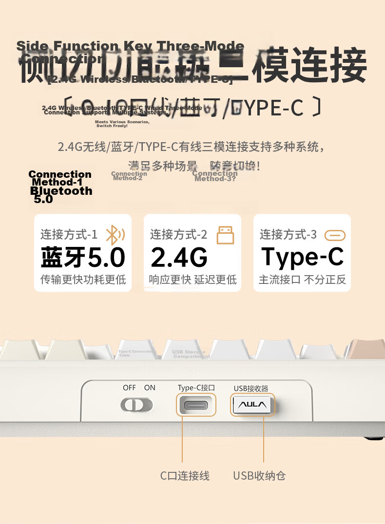 AULA F108 Custom Mechanical Keyboard Wireless Bluetooth Tri-Mode Display Gasket Structure RGB Lighting 108 Keys Gaming Office Gradient Gray - Fengling Switch 16