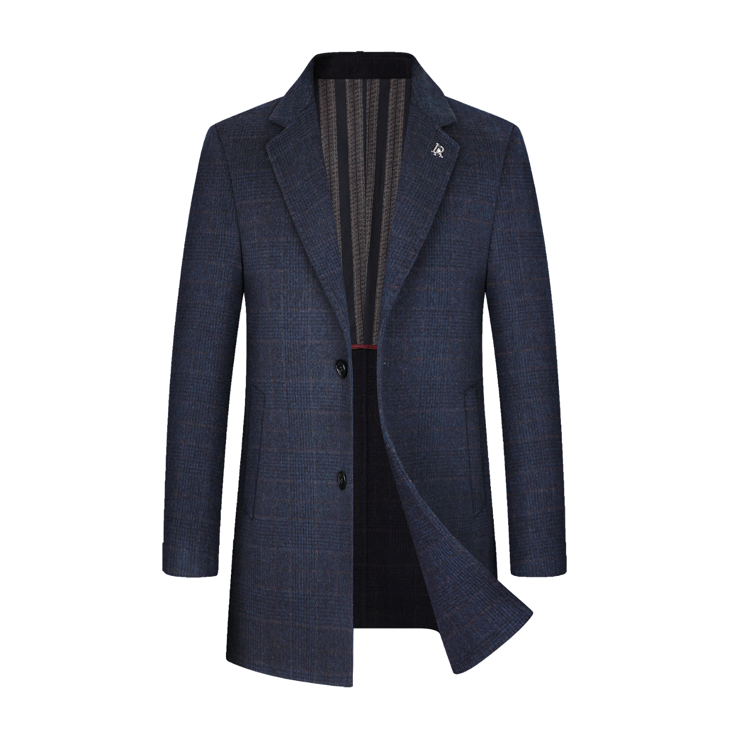 ROMON Mid-Length Double-Sided Wool Coat Men's Thick Woolen Overcoat Blue Plaid 180