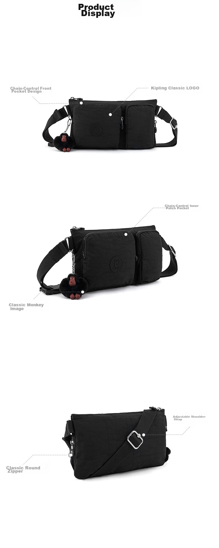 Kipling Fashion Trend PRESTO UP Deep Black Women's Shoulder Bag Birthday Gift Crossbody Bag 3