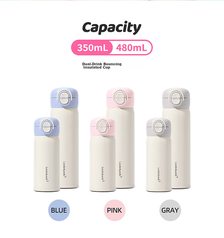 LOCK&LOCK Dual Drink Flip Lid Insulated Water Bottle for Men and Women, High-Value Student Thermos Cup, Blue - 480ML 2