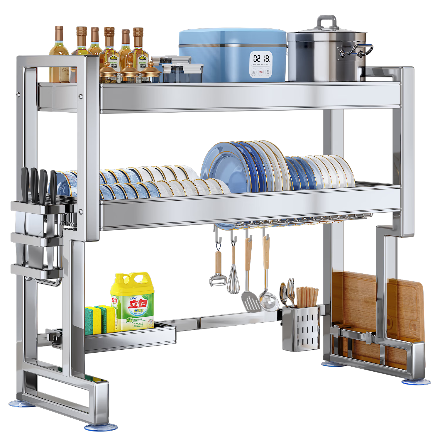 Jiabangshu New Kitchen Sink Storage Rack Stainless Steel Sink Rack Draining Rack Dish Rack Bowl Plate Storage Rack Double Layer 85cm
