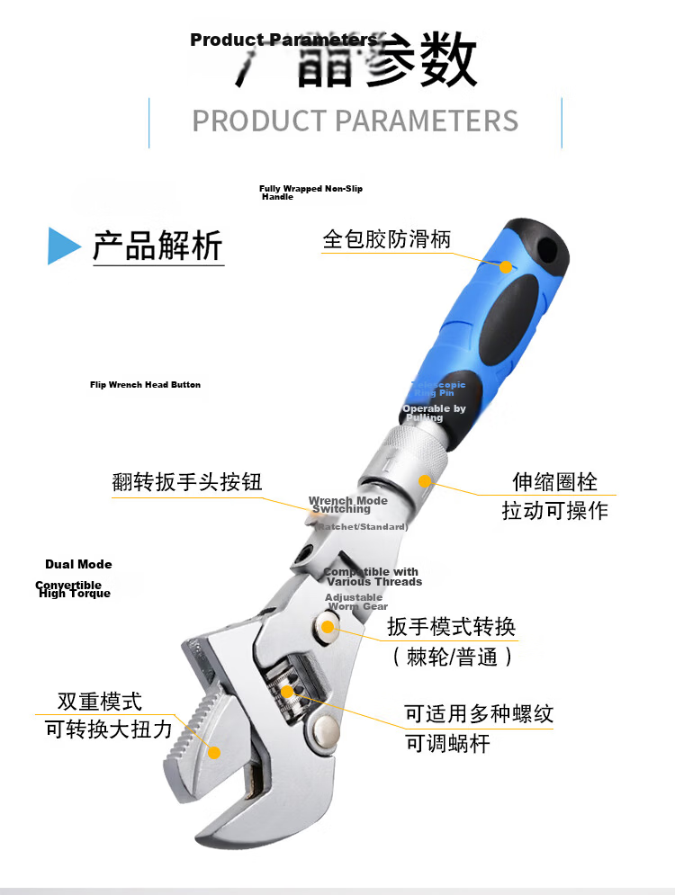 Haisidike Adjustable Wrench Industrial Grade Open-End Bright Handle Wrench Set (8/10/12 inch) Three-Piece Set [Jingcang] 2