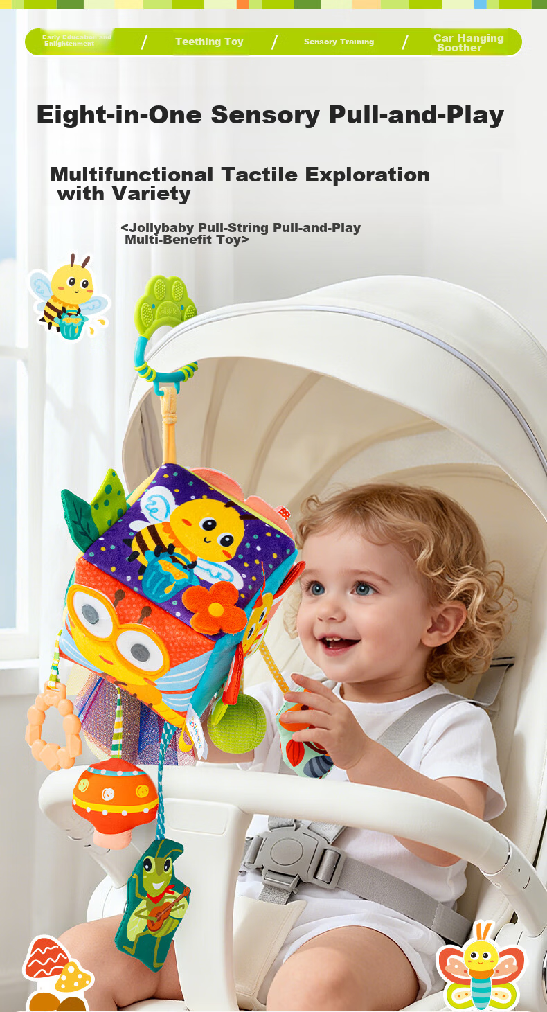 Jollybaby Baby Toy Pull-and-Play Car Hanging Sensory Development Educational Crib Rattle - Farm Triangle Pull-and-Play 1