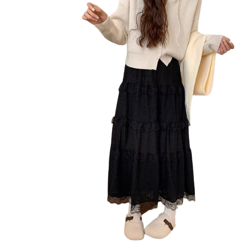 Borui Ballet Style Lace Embroidered Midi Skirt Women Design Spring Summer Cake Skirt Fairy A-Line Puff Skirt