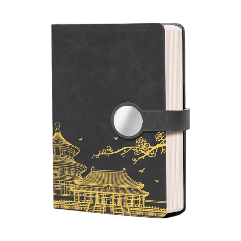 Faramon Notebook A5, National Trend High-Quality Thick Journal, Work Diary, Study Meeting Record Book, Business Office Notebook, Customizable for Enterprises, Round Button - Black