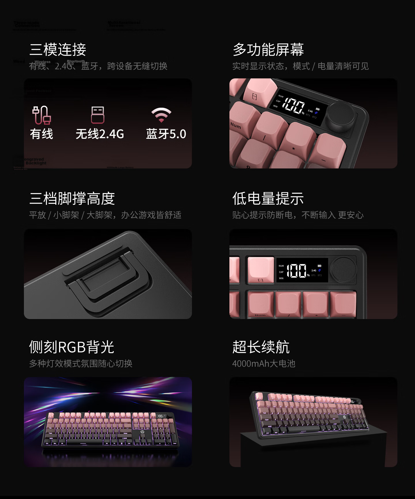 HP K160 Wireless Keyboard Wired Bluetooth Tri-mode Silent Mechanical Feel with Screen Multifunctional Knob Office Gaming E-sports Desktop Laptop Peach Pink 4