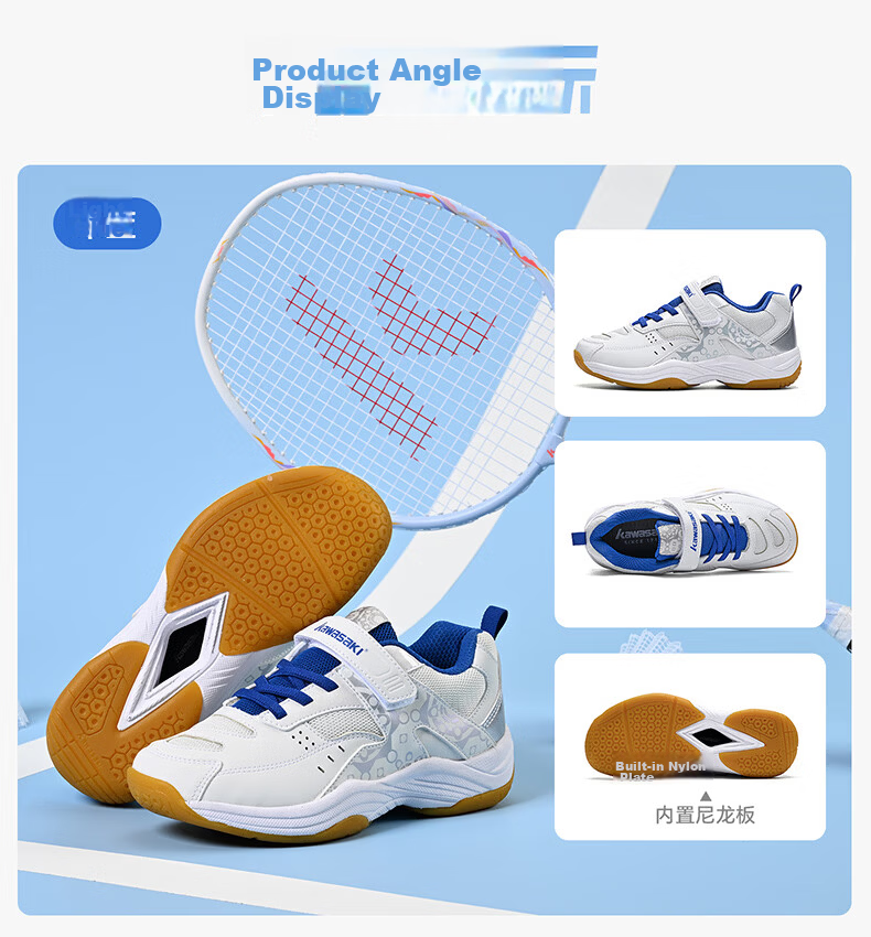KAWASAKI Kids Unisex Professional Badminton Shoes Youth Velcro Non-Slip Shock Absorption 16