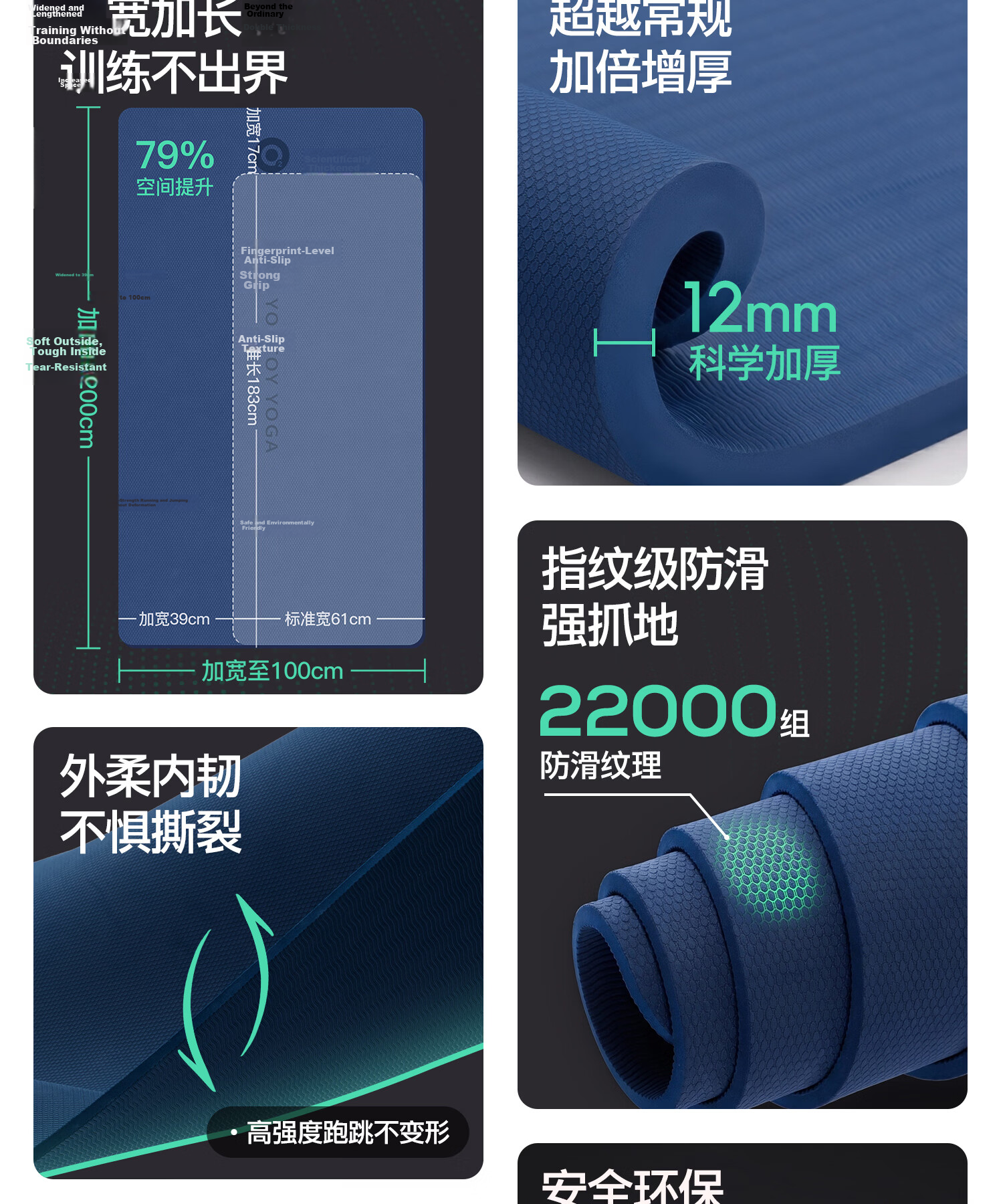 Yottoy Thickened Men's Fitness Mat 2m Extra Wide and Long Non-Slip Wear-Resistant Training Mat 12mm Exercise Floor Mat 3