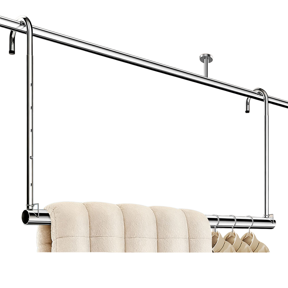 FK Retractable Clothes Drying Rod, No Drilling Required, Extendable Laundry Hanger for Balcony, Five Adjustable Levels, Stainless Steel Indoor Hanging Quilt Drying Tool