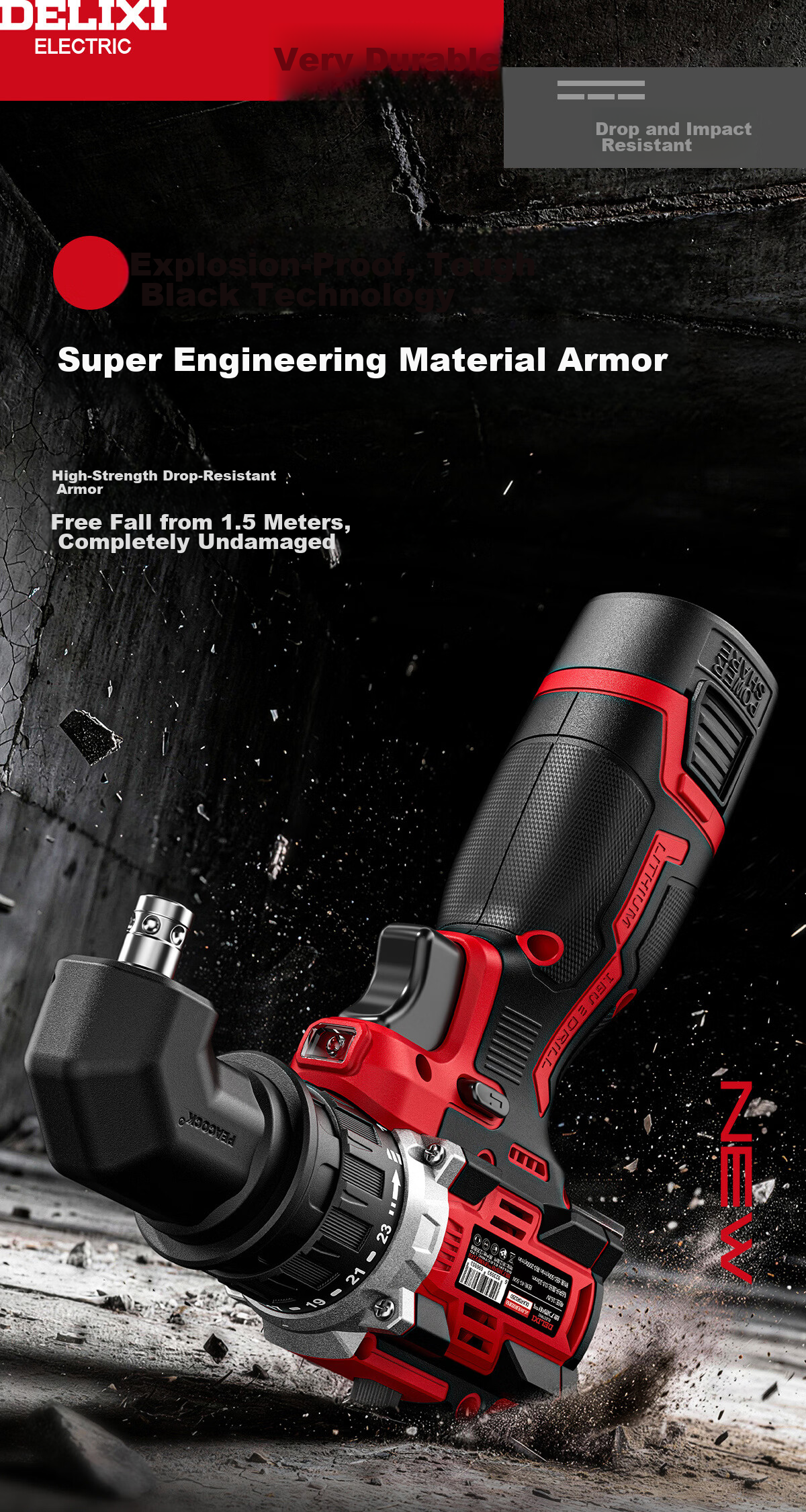 Delixi Electric Multifunctional 16.8V Brushless Lithium Battery Cordless Handheld Drill with Quick-Change Chuck and Toolbox 22