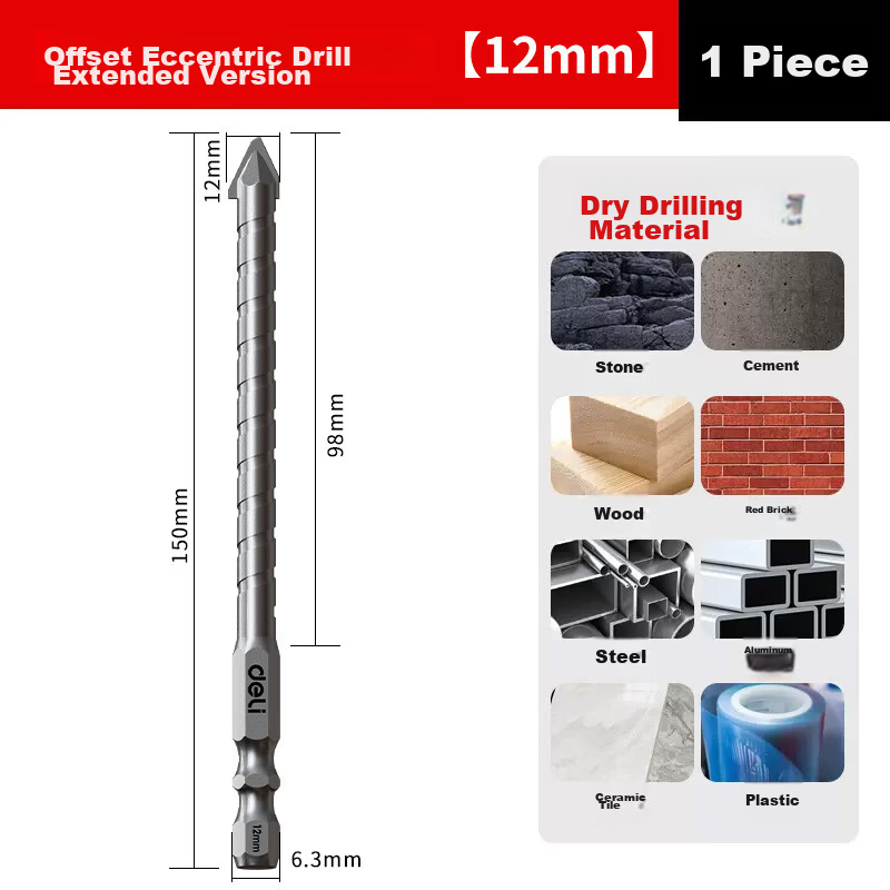 Deli Extended Alloy Eccentric Drill Bit for Dry Drilling Tiles Glass Marble Concrete [12mm] 1 Piece