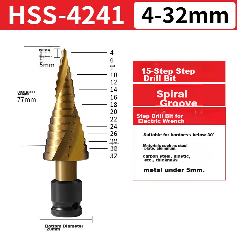 Yanran Electric Wrench Multifunctional Step Tower Drill Bit Hole Opener 15-Step Spiral 4-32mm (HSS4241)