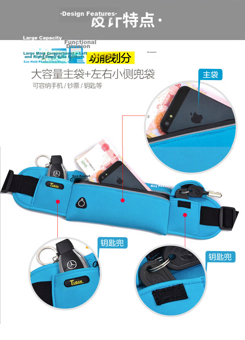 Tuban Waist Bag Running Sports Phone Holder Unisex Construction Marathon Fitness Gear Water Blue 5