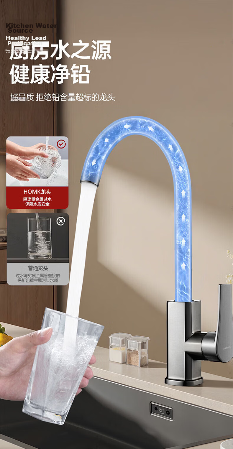 HOMK Seiko Splash-Proof Kitchen Sink Faucet 2-in-1 Rotatable Hot and Cold Water Mixer Tap 6