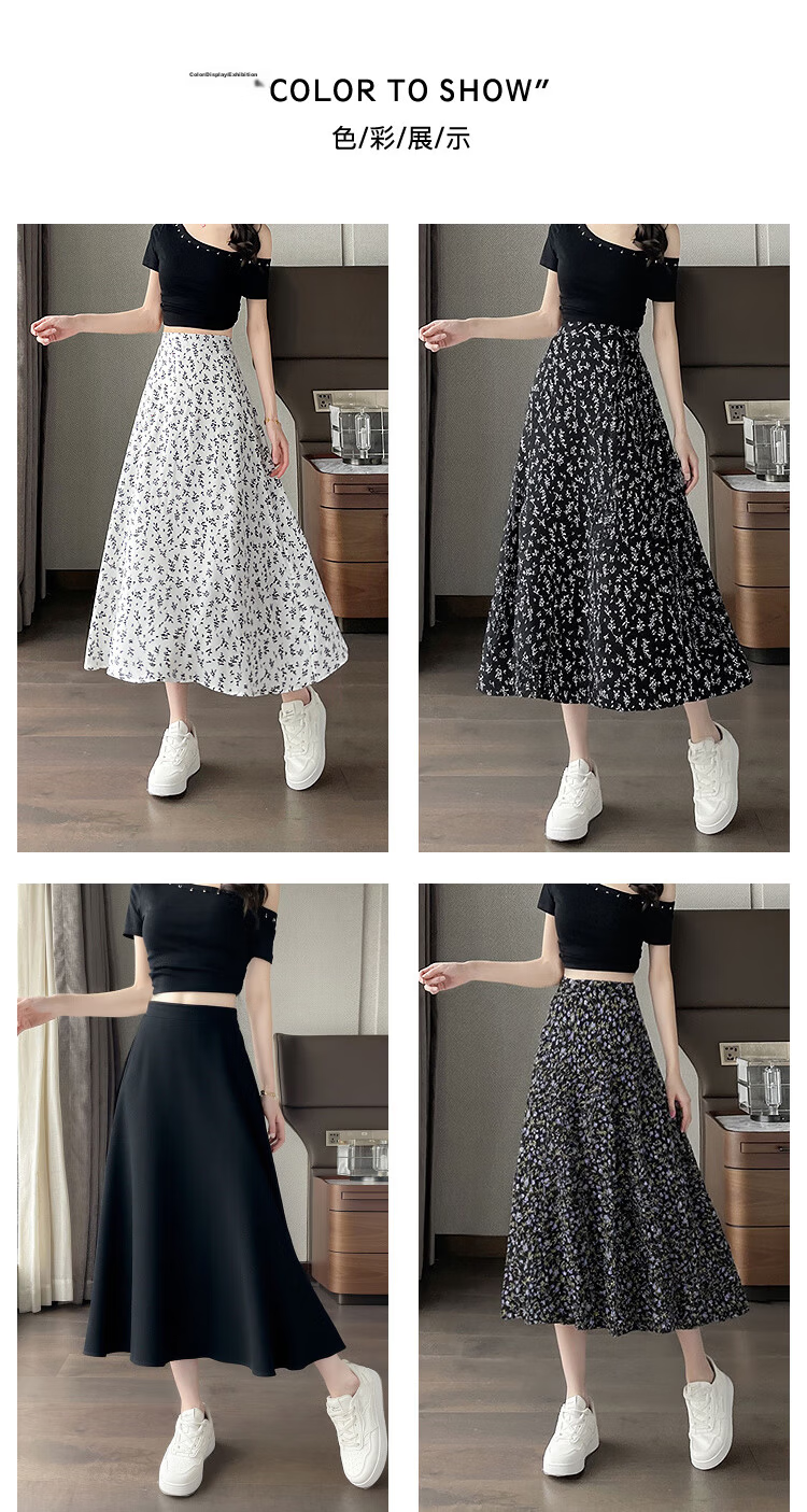 Awakening Paradise 2026 Summer New Slimming A-Line Mid-Length Skirt White Base Black Floral One Size 2