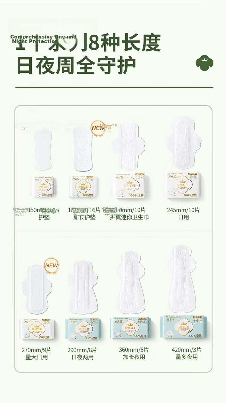 PurCotton Naise Princess Disinfection Grade Ultra Clean Absorbent Pure Cotton Extra Long Night Sanitary Napkins 420mm, 3pcs/pack JD Self-operated 13