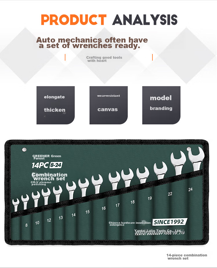 GREENER Wrench Set, Open-End And Box-End Combination, 10-Piece Set, 8mm-24mm, for Home Use, Fixed Spanners, Car Repair 1
