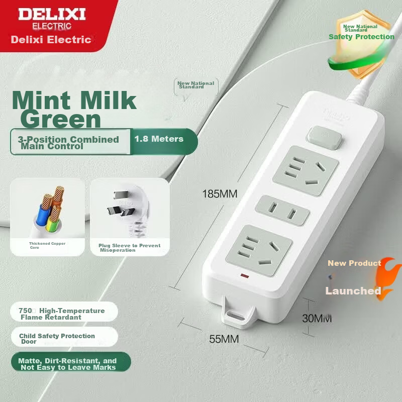 DELIXI New National Standard 3C Certified Classic Color Block Power Strip with 3-Socket Master Switch 1.8m for Home Office Dorm Desktop Extension Cord