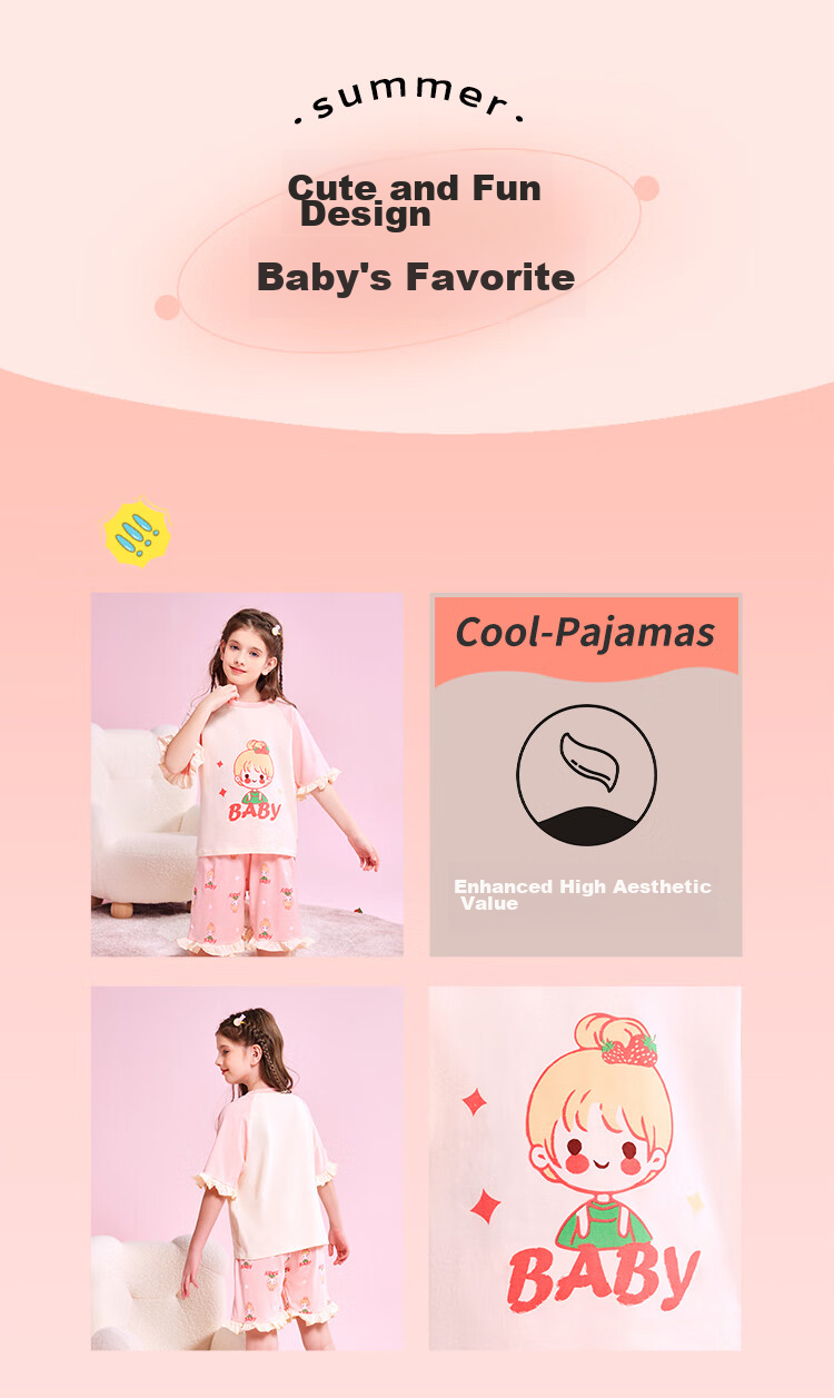 LangSha Children's Pajamas, Girls' Summer Thin Pure Cotton Sleepwear for Older Children And Teenage Girls, Short-Sleeve Home Wear Set, Pink, Size 130 5