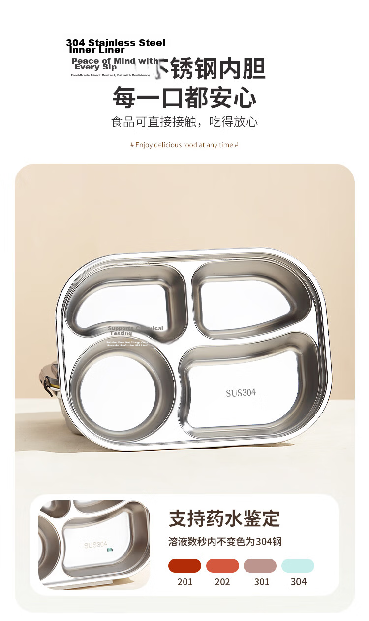 Yolunmei 304 Stainless Steel Divided Lunch Tray Large Capacity Covered Five-Compartment Bento Box for Office Workers and Children 4