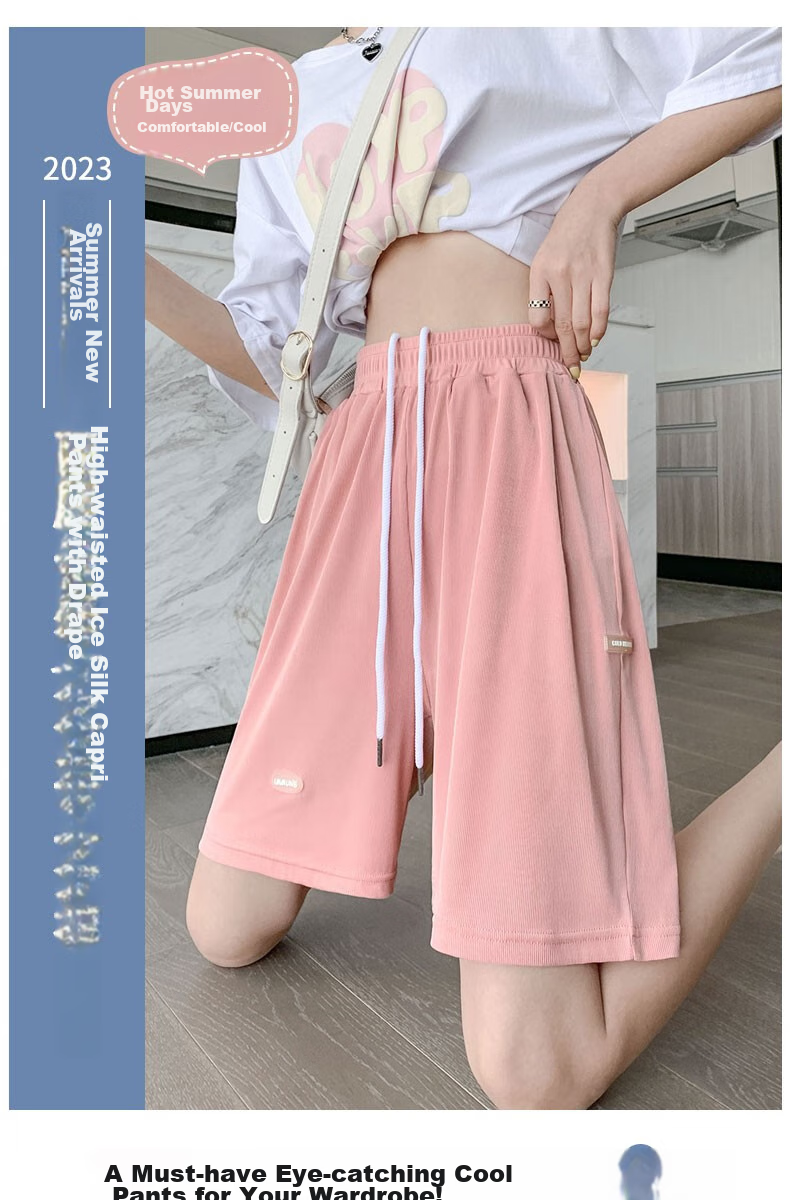 LangSha Ice Silk Shorts for Women, Summer Lightweight High-Waist Loose-Fitting Slimming Wide-Leg Mid-Length Pants, Quick-Dry Casual Sports Knee-Length Shorts 1