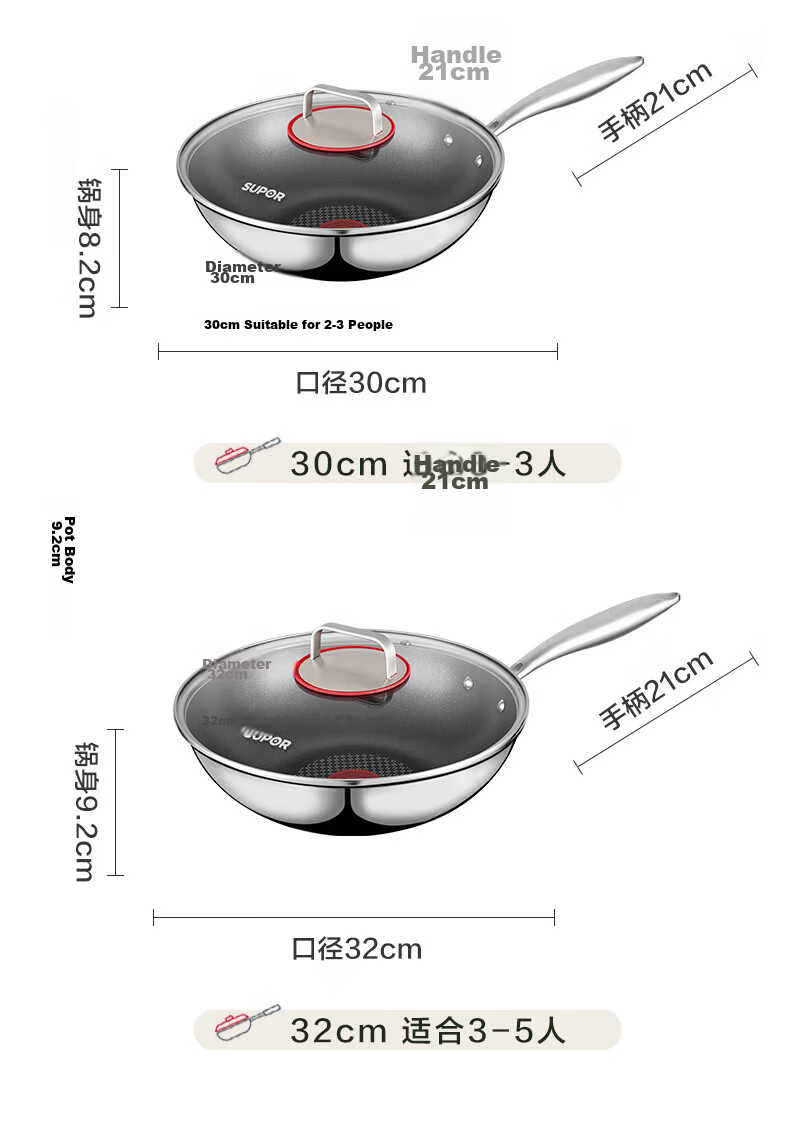 SUPOR Fire Red Dot Stainless Steel Titanium Wok Non-Stick Frying Pan Household Light Oil Low Smoke Induction Compatible 28cm 14