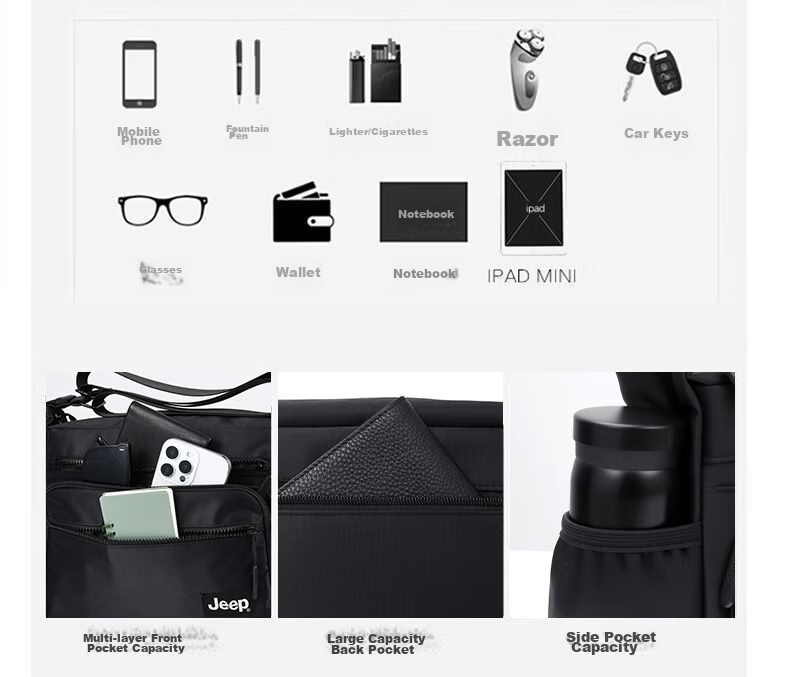 JEEP Men's Large Capacity Crossbody Bag Shoulder Bag High-end Backpack Commuter Casual Multifunctional Messenger Bag Lightweight Luxury Travel Bag 6