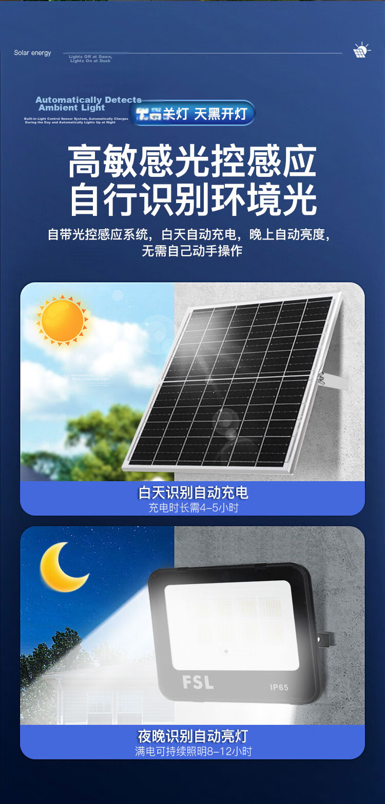 FSL Foshan Lighting LED Solar Floodlight Smart Light Control Remote Dimming Timer IP65 Monocrystalline Silicon Fast Charging 6W 540 Lumens 10000mAh Battery Capacity 4