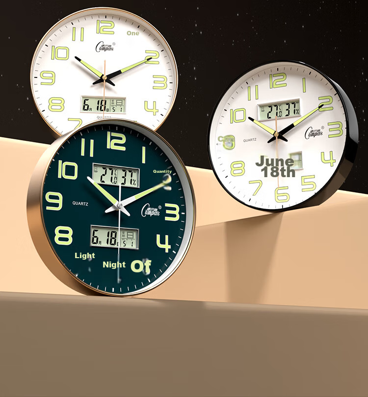 Compas Luminous Wall Clock Living Room Perpetual Calendar Quartz Clock Minimalist 1537-1 Light Luxury Gold 30.5cm 17